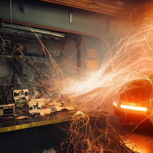 Image similar to overcharging blender, tangles of metallic cables, dark messy smoke - filled cluttered workshop, dark, dramatic lighting, orange tint, sparks, plasma charges, cinematic, highly detailed, sci - fi, futuristic, movie still