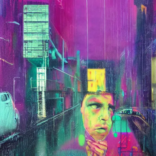 Image similar to rain like a dream, oil painting, cyberpunk, basquiat + francis bacon + gustav klimt + beeple, elevated street art, fantasy lut, textural, pink, blue, purple, green,