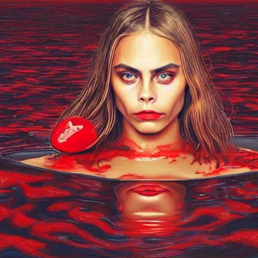 Image similar to Cara Delevigne with beautiful face and full body laying in a blood red pool of water between a bright golden glowing mirror frame, outside is space and inside the mirror frame is a beautiful landscape. Hyperrealistic surreal 4K IMAX Rene Margritte intricate, elegant, highly detailed, digital painting, artstation, concept art, smooth, sharp focus, illustration, art by artgerm, Francis bacon, HR Giger and greg rutkowski and alphonse mucha wide shot