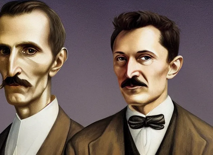 Image similar to portrait of NIKOLA TESLA and ELON MUSK together in the style of Davinci