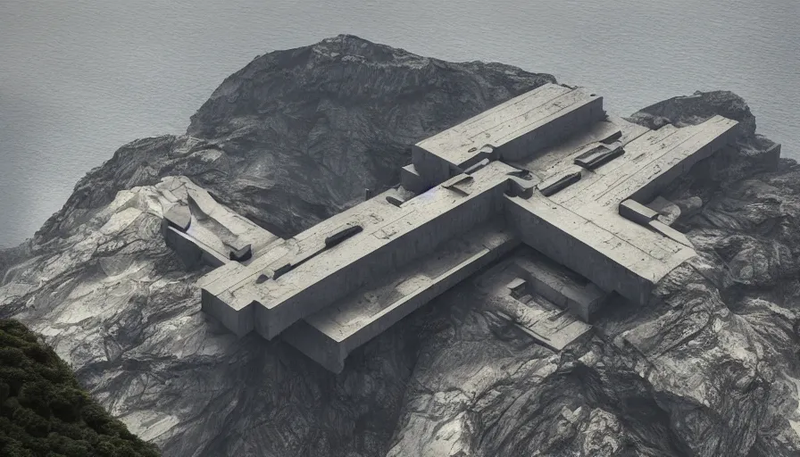 Image similar to big brutalist imperial military base on cliffs, drawing architecture, island, very long shot, top angle, pritzker architecture prize, brutalism, jan urschel