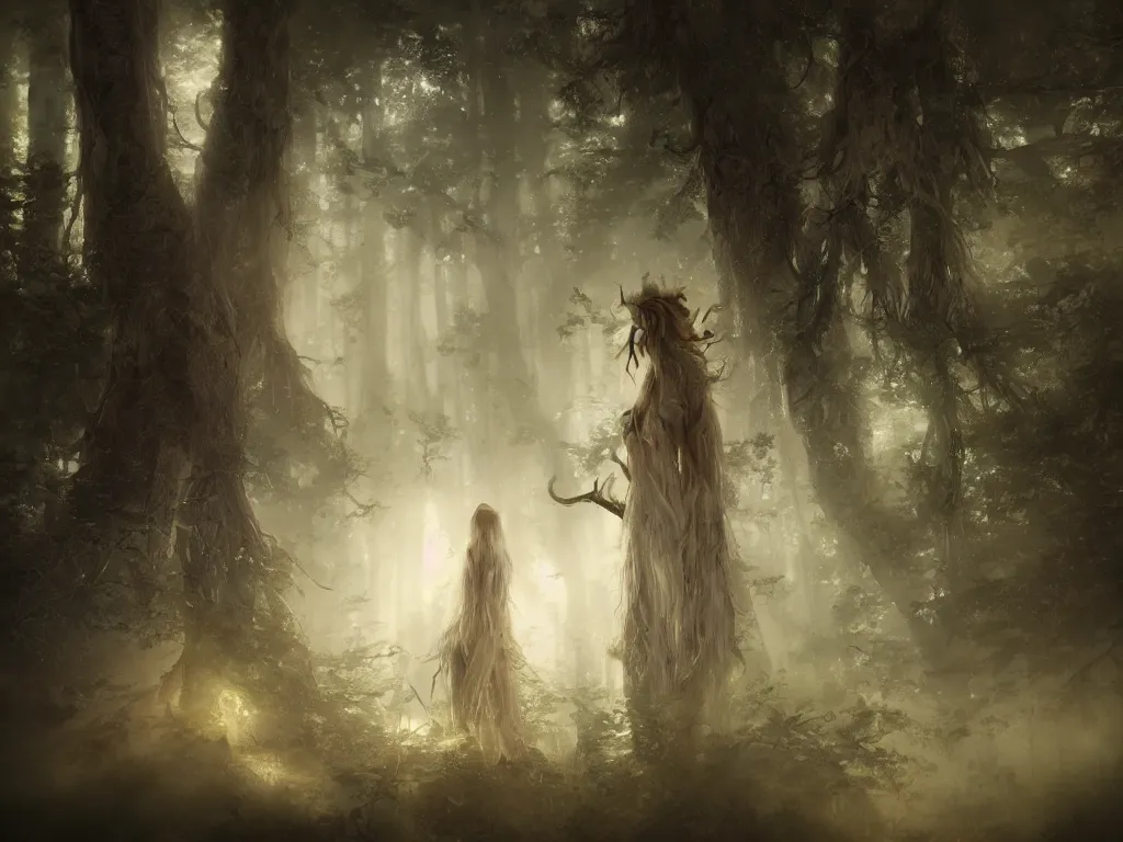 Image similar to a close up of the ghost lady with a wood spirit in the trees with will o the wisp, photorealistic, by jessica rossier, wlop, 4 k resolution