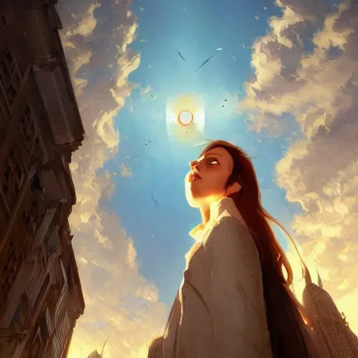 Image similar to ifirst person perspective in a city looking up at the sky to see god's female face looking down at me, fantasy illustration, by greg rutkowski