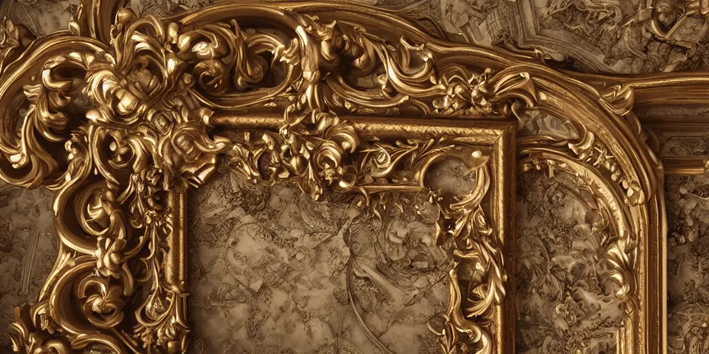 Prompt: hyper detailed baroque picture frame on a wall, 3 d octane render, ultra photorealistic