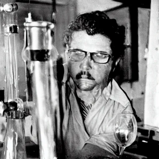 Prompt: bon jovie working as a glass blower in south america in the 1 9 5 0 s, b & w, grainy, soft focus