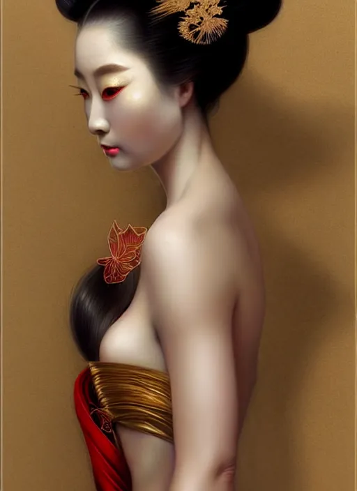 Image similar to organic seductive Geisha, pearlescent skin, diffuse lighting, fantasy, intricate, elegant, highly detailed, lifelike, photorealistic, digital painting, artstation, illustration, concept art, different full body view, smooth, sharp focus, art by John Collier and Albert Aublet and Leonardo da vinci and Krenz Cushart and Artem Demura and Alphonse Mucha