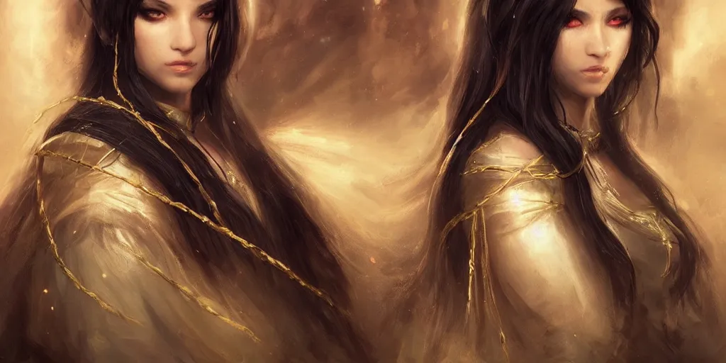 Prompt: a young beautiful priestess with long black hair weavering golden string of magic, barroque painting, ultra realistic. cinematic, dynamic. magic the gathering style. epic fantasy, insanely detailed, 4k, rpg character reference. gourgeous.