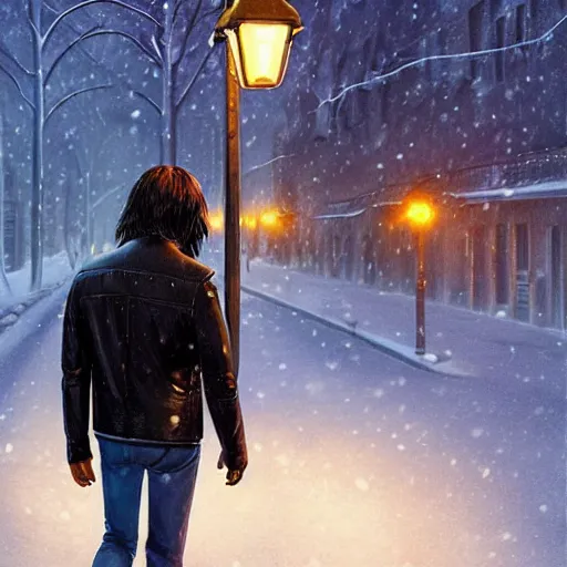 Image similar to by alexander trufanov by artgerm by simon stalenhag young man from back pacing lowering head dressed in short leather bomber jacket to empty narrow alley with street lamps in park with pines to the horizon,, with hands in pockets, snowfall at night, mullet long haircut, black hairs, cinematic, dramatic, detailed, realistic, movie shot, low lighting