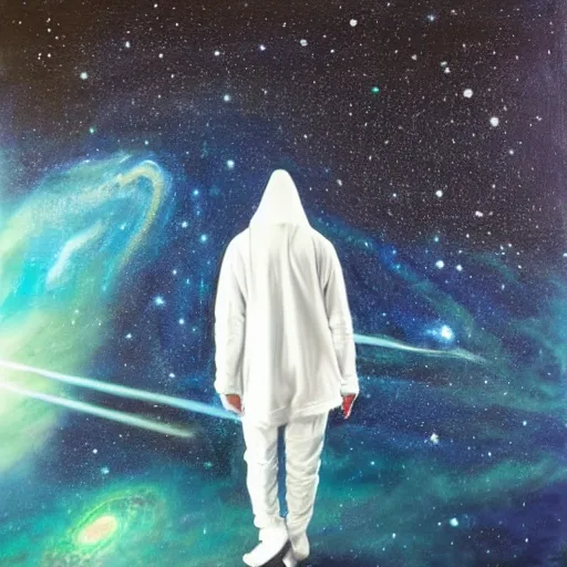 Prompt: guy with white hoodie levitates in the center of the galaxy painting