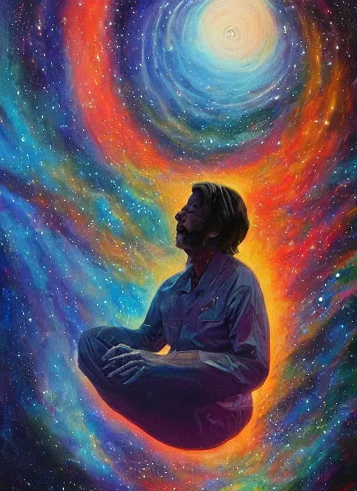 Image similar to alan watts floating in the universe full body oil on canvas painting highly detailed, featured on artstation