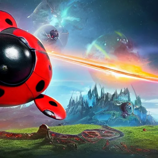 Image similar to promotional movie still, ladybug futuristic ( ( descendants ) ), ladybug quadruped with big rgb eyes, huge ladybug mothership, space western, dramatic lighting, the fellowship of the ring ( film ) genre.