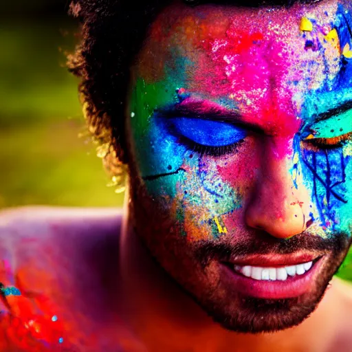 Prompt: bokeh realistic outdoors portrait of a young man with various colors of vibrant paint smeared on their face, eyes closed, at sunset, hdr cinematic lens
