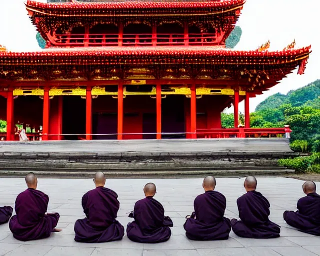 Image similar to a hyperrealistic scenery of 6 monks meditating in front of pagoda temple, extreme wide shot