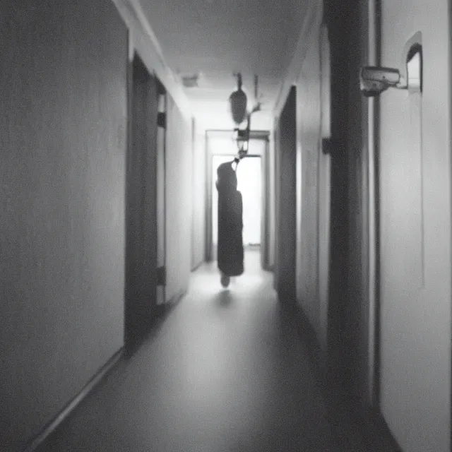 Prompt: cctv security cam grainy unfocused frilled tentacle not-child in hallway-n6