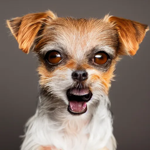 Image similar to studio portrait of a scruffy terrier-chihuahua mix with a tan face, white snout, and underbite