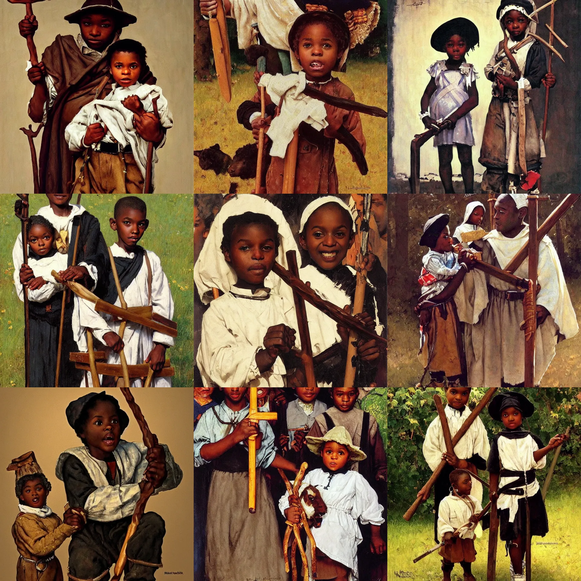Prompt: black child costumed as shepherd for a church nativity play holding a shepherd's crook, painting by norman rockwell, trending on artstation, amazing details