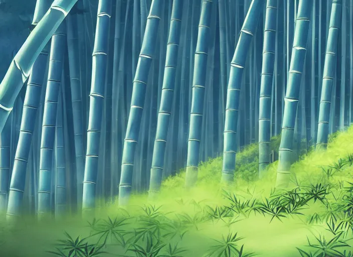 Image similar to misty japanese bamboo forest, cell shaded, lake, waterfall!!!!!, large rocky mountain, rule of thirds, sunny, cartoony, drawing, stylized anime, sun rays, soft, by hayao miyazaki, ghibli studio, makoto shinkai, toei animation, studio trigger, trending on artstation, 4 k, hd