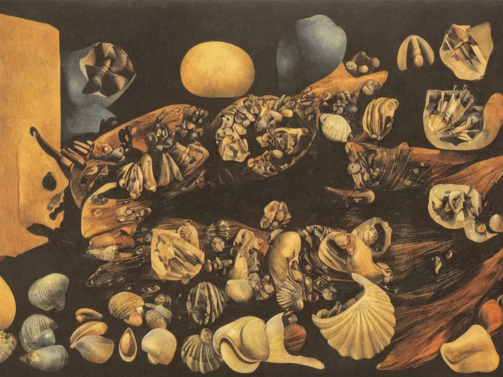 Prompt: Inside the giant cloak, miniature world at night. It rains with blue eyes. Still life with teeth and shells. Zurbaran, Rene Magritte, Jean Delville, Max Ernst, Maria Sybilla Merian
