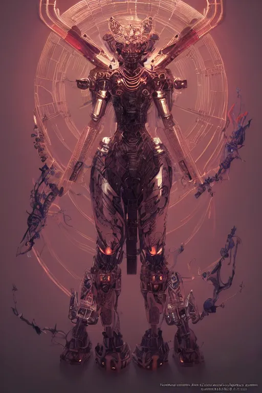 Image similar to asura from chinese myth, ghost, mecha, symmetrical. sci - fi, tech wear, glowing lights, intricate, elegant, highly detailed, digital painting, highly detailed, digital painting, artstation, concept art, smooth, sharp focus, illustration, art by artgerm and greg rutkowski and alphonse mucha