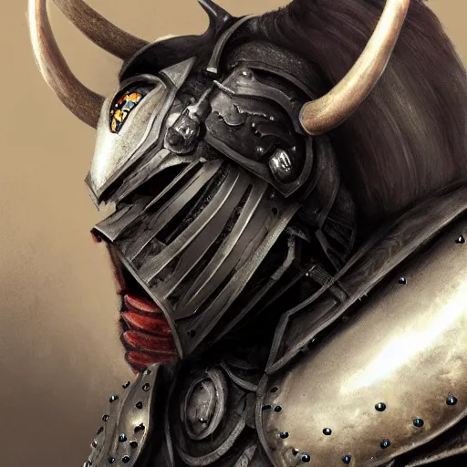 Image similar to close up portrait of a black haired Minotaur in plate armor, concept art, fantasy painting