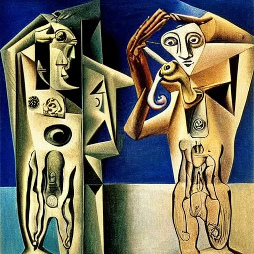 Prompt: Two mechanical gods being separated. Dali. Picasso.