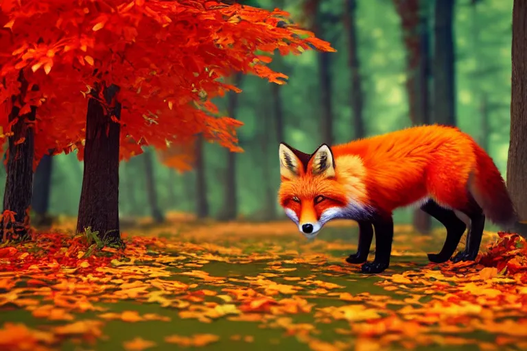 Image similar to super detailed color lowpoly art, red fox in an autumn maple forest, unreal engine, retrowave color palette, 3 d render, lowpoly, colorful, digital art, perspective