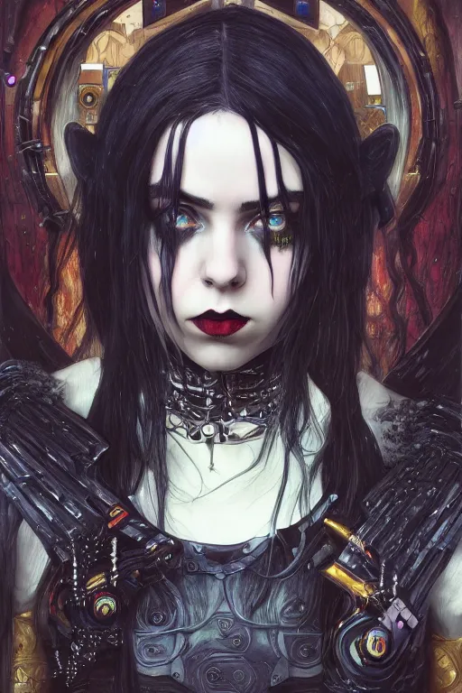 Prompt: beautiful gothic billie eilish, cyberpunk, Warhammer, highly detailed, artstation, illustration, art by Gustav Klimt