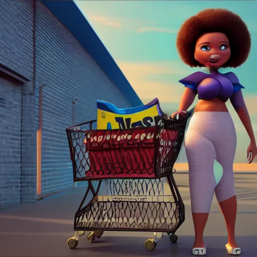 Prompt: high quality still of black bbw woman, 3d, in the style of pixar, comic book style, pushing cart in wal mart, highly detailed, 16k resolution, octane renderer, coherent