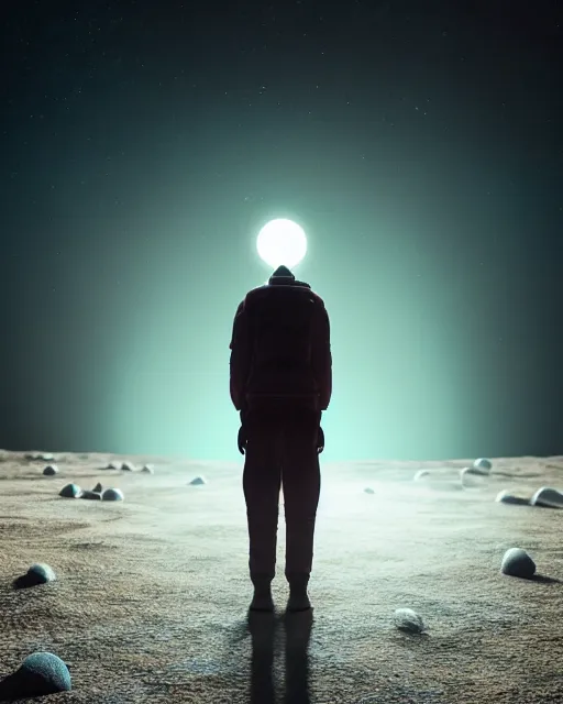 Image similar to a person standing in front of a glowy open door that's on a barren moon, poster art by mike winkelmann, trending on cg society, space art, sci - fi, ue 5, futuristic, volumetric lighting