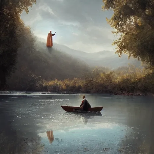 Prompt: jesus sitting by the river fishing, exudes terror, castle, mysterious breath, spitfire, photography, hyperrealistic, by greg rutkowski, smooth, illustration, elegant, artstation, digital painting.