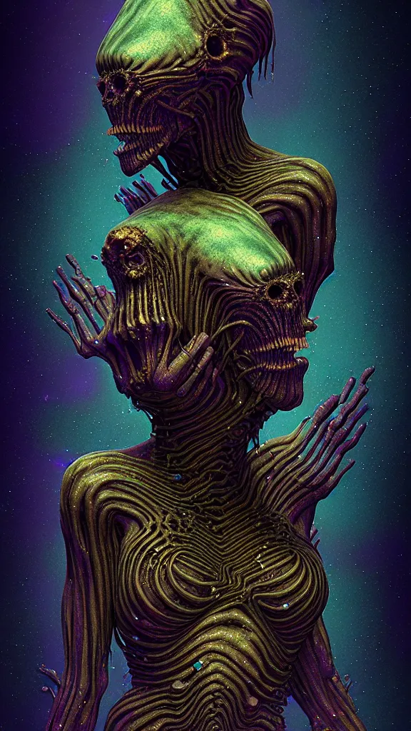 Image similar to your mom is a cosmic horror by bruce brenneise and h r giger, 3 d render, neosurrealism. digital concept art, pixel art, rendered in octane, trending on cgsociety, trending on artstation