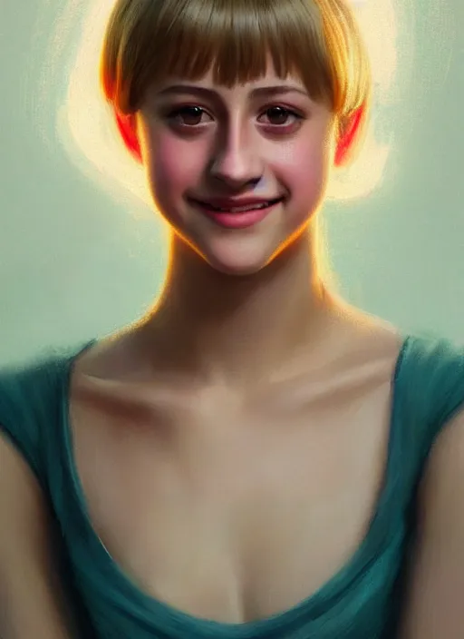 Image similar to portrait of teenage lili reinhart with bangs, smiling kindly, bangs, 1 9 6 0 s, ponytail, bangs and ponytail, intricate, elegant, glowing lights, highly detailed, digital painting, artstation, concept art, smooth, sharp focus, illustration, art by wlop, mars ravelo and greg rutkowski