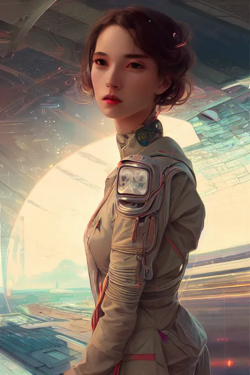 Image similar to portrait futuristic Airforce Girl, in future airport rooftop , ssci-fi, fantasy, intricate, very very beautiful, elegant, human anatomy, neon light, highly detailed, digital painting, artstation, concept art, smooth, sharp focus, illustration, art by tian zi and WLOP and alphonse mucha