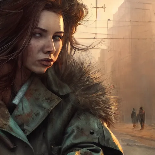 Prompt: fallout 5, charismatic beautiful rugged brunette female protagonist, portrait, outdoors ruined cityscape, atmospheric lighting, painted, intricate, volumetric lighting, beautiful, daytime, slight overcast weather, sharp focus, deep colours, ultra detailed, by leesha hannigan, ross tran, thierry doizon, kai carpenter, ignacio fernandez rios