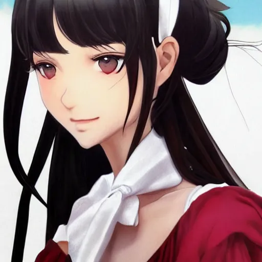 Image similar to luxury advertisement, astonishing portrait of a very beautiful anime high-school girl with black hair ponytail, white ribbon, full perfect face, realistic, highly detailed background, artstation, 120 degree view, drawn by Sasoura, Satchely and Akihiko Yoshida, no distortion