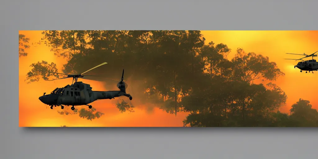 Prompt: Painting of vietnam Huey Helicopters, above a forest, orange sun set, abstract, realism, 8k, detailed, octane render, glow, war