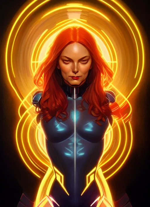 Image similar to symmetry portrait of jean grey from 9 0 s x - men, glowing lights, intricate, elegant, highly detailed, digital painting, artstation, concept art, smooth, sharp focus, illustration, art by artgerm and greg rutkowski and alphonse mucha