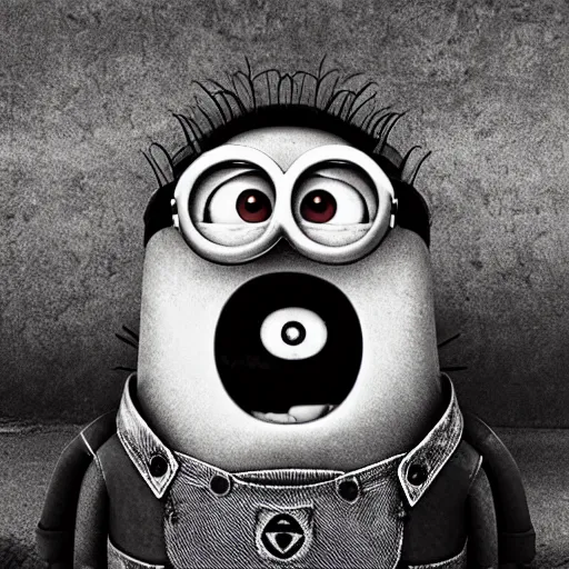 Image similar to Minion, George Miller, Photorealistic, Hyper detailed, desert, post apocalyptic, angry, crazy, wild, fire, dust, black and white