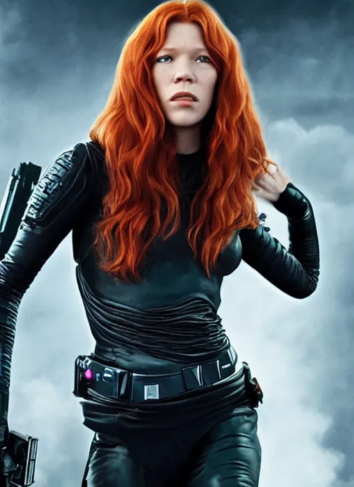 Image similar to lea seydoux portraying a beautiful mara jade from star wars legends, in a black suit, without lightsaber, movie, hyper realistic, hollywood promotional image, imax, 8 k