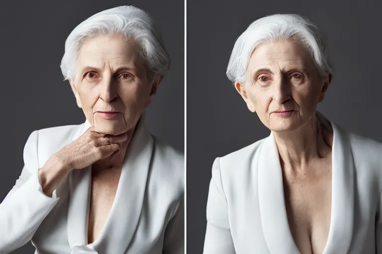 Image similar to a realistic studio cinematic headshot portrait of a beautiful old woman, wearing futuristic white suit, ceo, 4 k, ultra realistic, dramatic lighting, vogue, fashion, by annie leibovitz