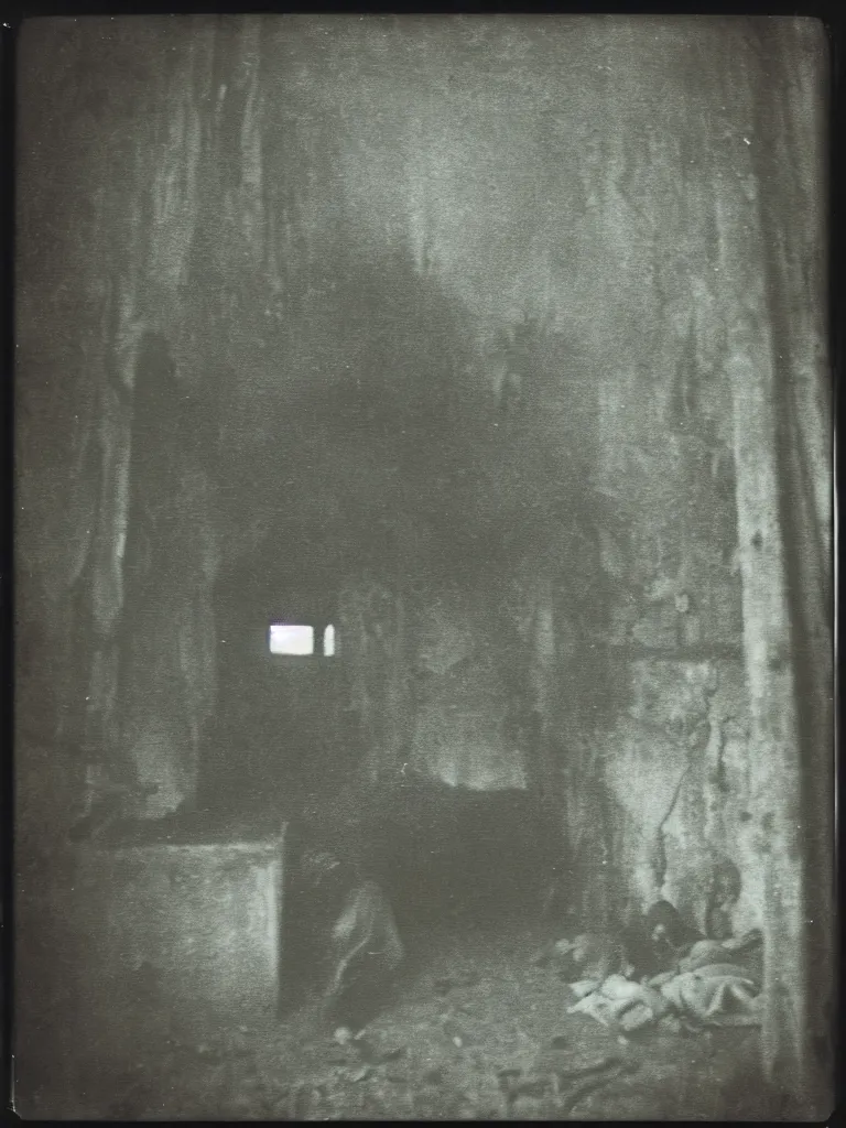 Prompt: still of a vampiric creature hiding in a barn, western film, horror movie, grainy, faded, polaroid, old photo, found footage