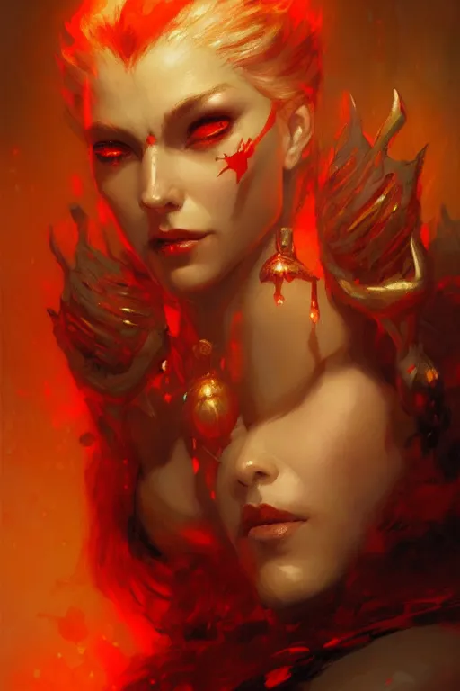 Image similar to portrait of an attractive demon queen with red eyes painting by gaston bussiere, craig mullins, luis rollo, digital painting, highly detailed, artstation, sharp focus, illustration, concept art, high quality