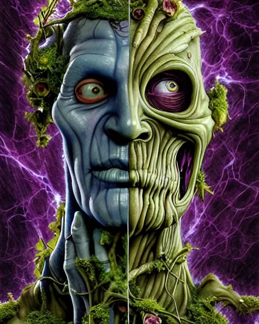 Image similar to the platonic ideal of flowers, rotting, moss, insects, vines and praying of cletus kasady ultimate carnage thanos dementor doctor manhattan chtulu nazgul davinci, detailed, intricate, hyperrealism, cinematic composition, intense, scary, decay, dmt, art by brock hofer and artgerm and greg rutkowski and alphonse mucha