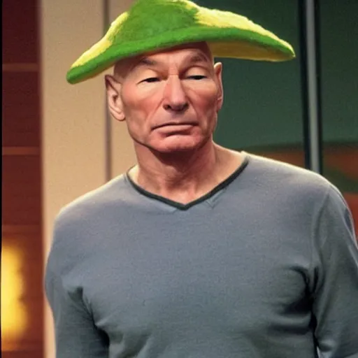 Image similar to patrick stewart, as captain jean - luc picard of the starship enterprise, avocado hat