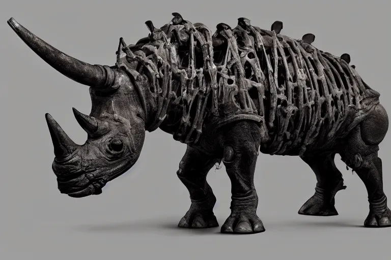 Image similar to a cinematic view of the entire skelleton of a rhino made of stained bones, true realistic image, detailed image