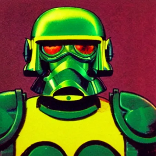 Image similar to portrait of a mutant chronicles bauhaus doomtrooper, wearing green battle armor, a yellow smiley sticker centered on helmet, by moebius