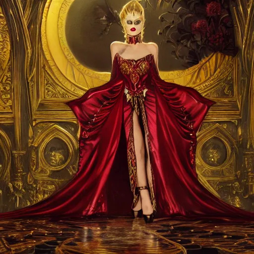 Image similar to an extremely detailed matte painting of a vampire queen in a resplendent and ostentatiously beautiful dark red dress with gold trim and black high heeled shoes at a masquerade ball, epic fantasy, viewed in profile from far away, sharp focus, detailed face, art by greg rutkowski and alphonse mucha, volumetric lighting, 4 k resolution, artstation