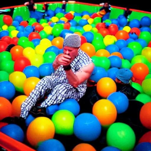 Prompt: photo of Limp Bizkit performing a concert in a McDonald's ball pit, 2002