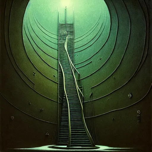 Image similar to big spiral stairways, inhabited on many levels, there are many doors, flying birds, by beksinski, shining light, strong perspective, clear geometry, architecture, Award winning. Masterpiece, detailed illustration