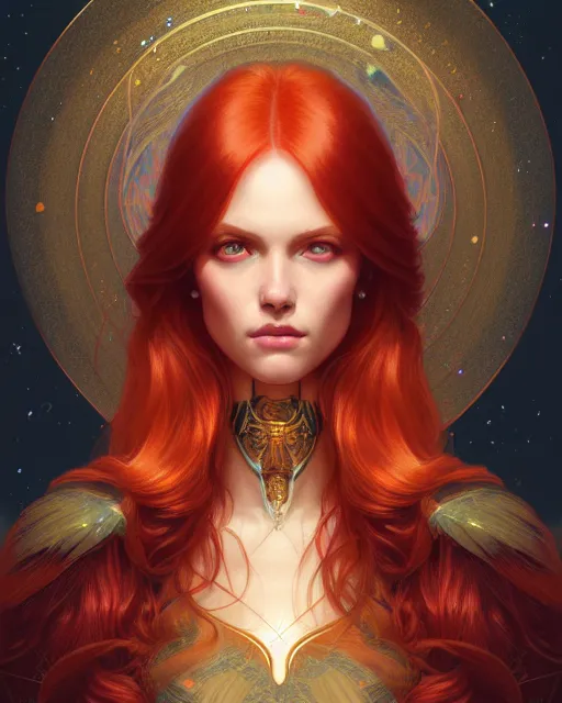 Image similar to symmetry portrait of redhead princess, glam, cleric, fireflies, crypt background, intricate, elegant, highly detailed, digital painting, artstation, concept art, smooth, sharp focus, illustration, art by artgerm and greg rutkowski and fra angelico and alphons mucha